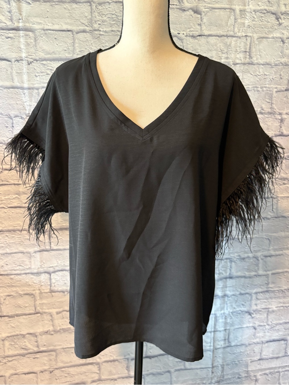 Women's Black V-Neck Feather-Trim Tunic Top